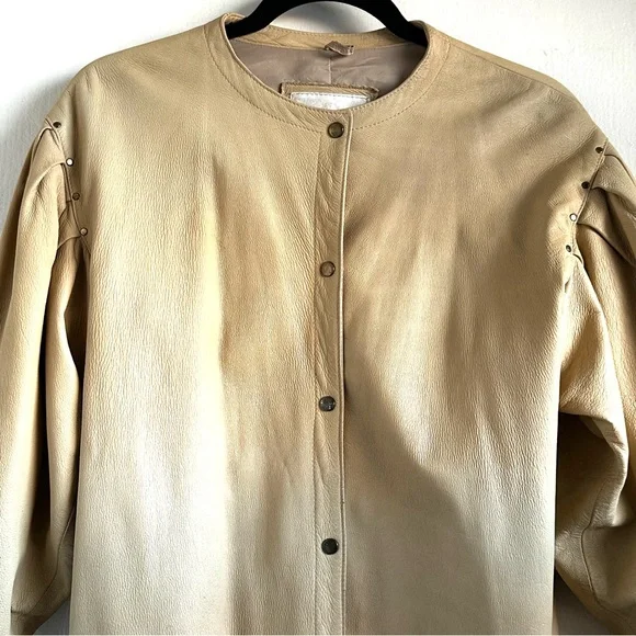 Vintage 80s 90s New Zealand Beige Snap Button-Front Boutique Leather Jacket
